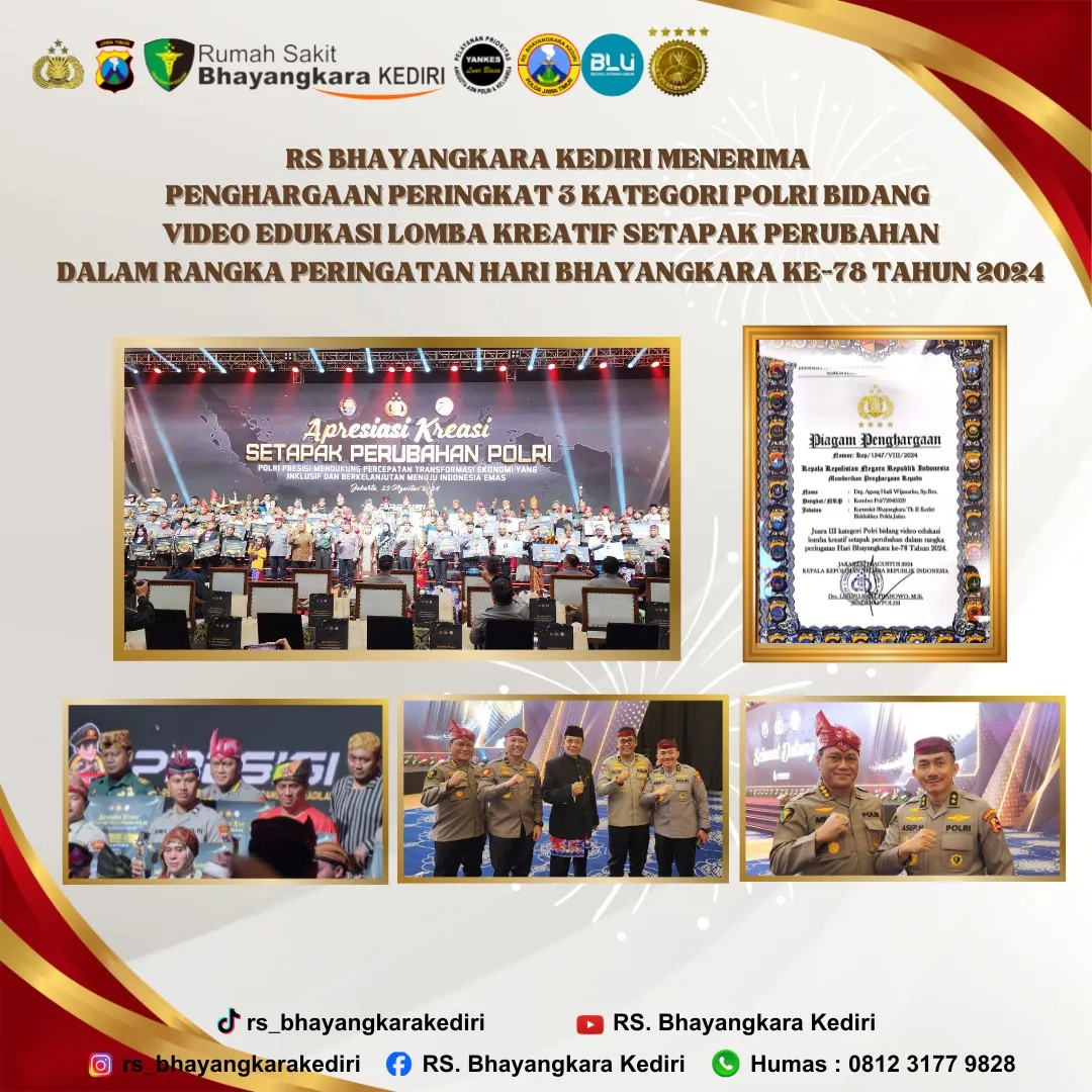 RS Bhayangkara Kediri Menerima Penghargaan Peringkat 3 Kategori Polri Bidang Video Edukasi Lomba Kreatif  Setapak Perubahan Dalam Rangka Peringatan Hari Bhayangkara Ke-78 Tahun 2024