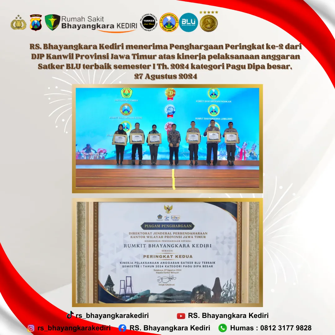 RS Bhayangkara Kediri: Prestasi Gemilang dengan Peringkat Kedua Kinerja Anggaran Satker BLU Terbaik Semester I Th. 2024 Kategori Pagu Dipa besar 